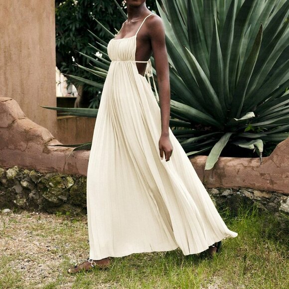 Beige Sexy Women's Loose Design Linen-Color Shirt Collar Pleated Midi Dress - Picture 6 of 9